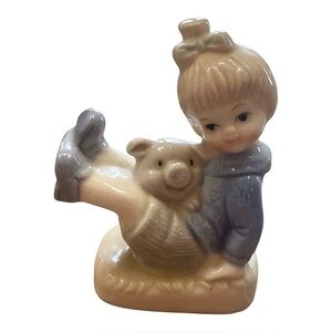 Vintage Porcelain White & Blue Little Girl with Piglet Figurine